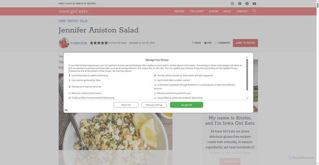 Security scan screenshot of https://iowagirleats.com/jennifer-aniston-salad/