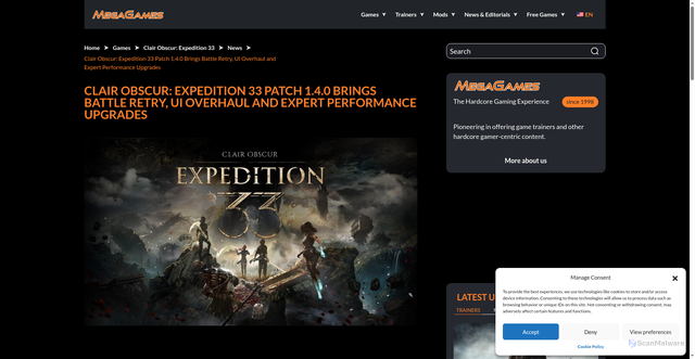 Security scan screenshot of https://megagames.com/news/clair-obscur-expedition-33-patch-1-4-0-brings-battle-retry-ui-overhaul-and-expert-performance-upgrades