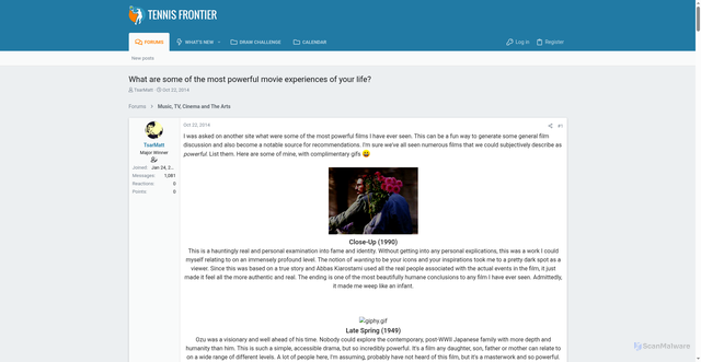 Security scan screenshot of https://www.tennisfrontier.com/threads/what-are-some-of-the-most-powerful-movie-experiences-of-your-life.3715/