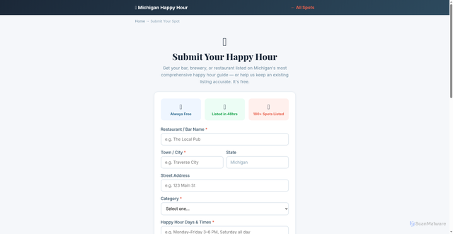 Security scan screenshot of https://nwmichhappyhour.pages.dev/submit/