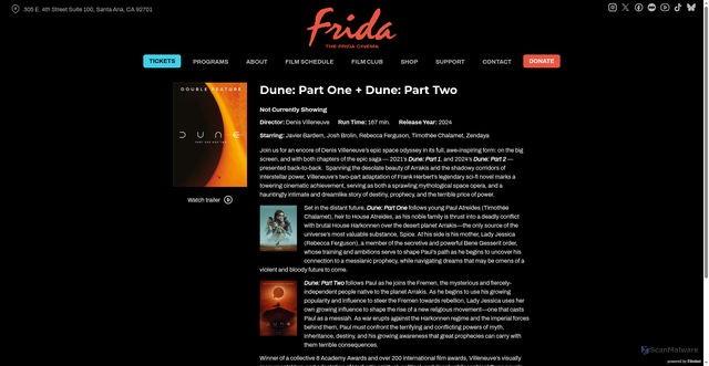 Security scan screenshot of https://thefridacinema.org/movies/dune-part-one-dune-part-two-double-feature/