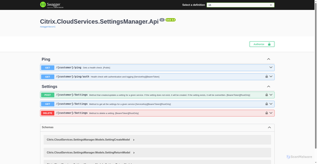 Security scan screenshot of https://settingsmanager-eastus-release-b.citrixworkspacesapi.net