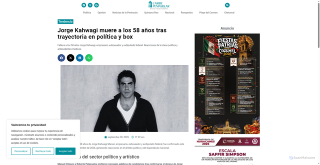Security scan screenshot of https://caribepeninsular.mx/jorge-kahwagi-muere-a-los-58-anos-tras-trayectoria-en-politica-y-box/