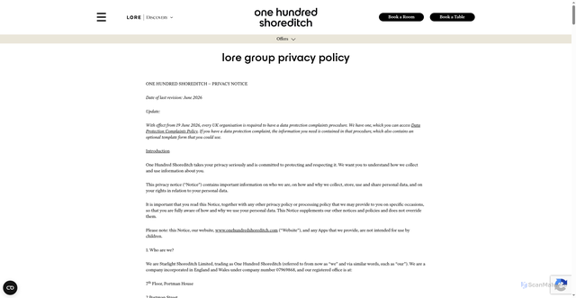 Security scan screenshot of https://www.onehundredshoreditch.com/privacy-policy/?utm_source=revinate&utm_medium=email&utm_campaign=RESEND%3A%20OHS%20October%20Mailer%202026-927997