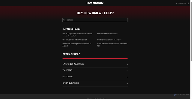 Security scan screenshot of https://help.livenation.com