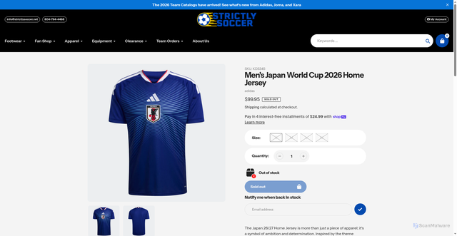 Security scan screenshot of https://strictlysoccer.net/products/mens-japan-world-cup-2026-home-jersey?srsltid=AfmBOoooZ6zmSYhBw5w0Yxf6F6o9S8QJgQrFbXyBHU3kD7pn_eN0bR6_