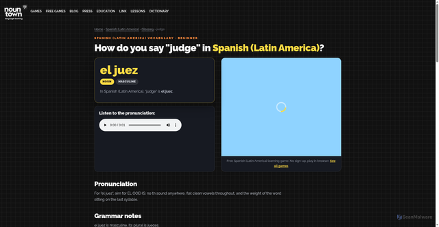 Security scan screenshot of https://noun.town/language-learning-game/spanish-latin-american/glossary/judge/
