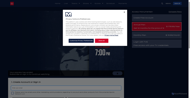 Security scan screenshot of https://www.monumentalsportsnetwork.com/game/caps-rangers-101225