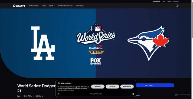 Security scan screenshot of https://www.cosm.com/los-angeles/events/mlb-world-series-game-2-hwp-2025-10-25