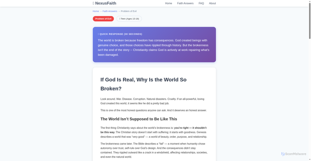 Security scan screenshot of https://nexusfaith.pages.dev/questions/suffering/if-god-is-real-why-is-the-world-so-broken