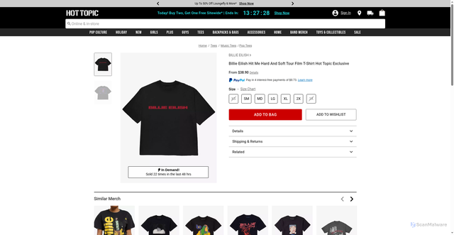 Security scan screenshot of https://www.hottopic.com/product/billie-eilish-hit-me-hard-and-soft-tour-film-t-shirt-hot-topic-exclusive/35948775.html?srsltid=AfmBOopFoxLFoNDtjzhPGRyT1iS-zIPWBas_xIYGLc7-ZRrO5vc68jM4