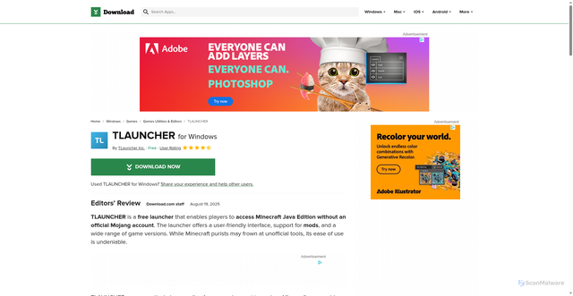 Security scan screenshot of https://download.cnet.com/tlauncher/3000-windows-tlauncher.html