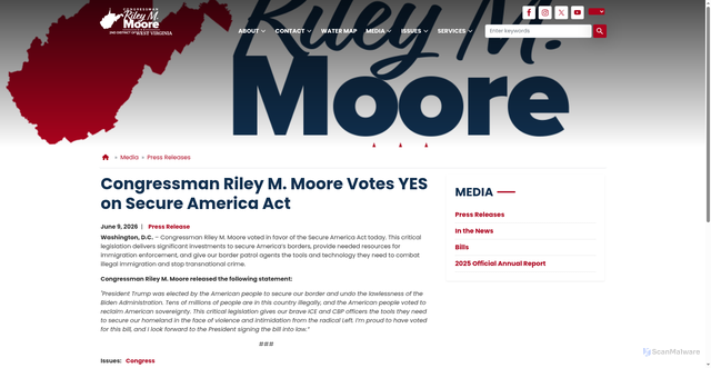 Security scan screenshot of https://rileymoore.house.gov/media/press-releases/congressman-riley-m-moore-votes-yes-secure-america-act