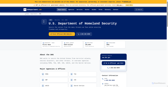 Security scan screenshot of https://usdepartment.com/departments/homeland-security