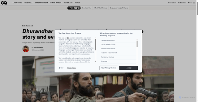 Security scan screenshot of https://www.gqindia.com/content/dhurandhar-release-date-cast-characters-true-story-and-everything-else-you-need-to-know