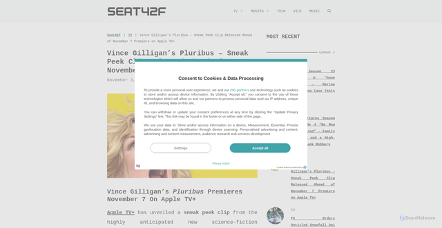 Security scan screenshot of https://seat42f.com/pluribus-vince-gilligan-apple-tv-sneak-peek-html/