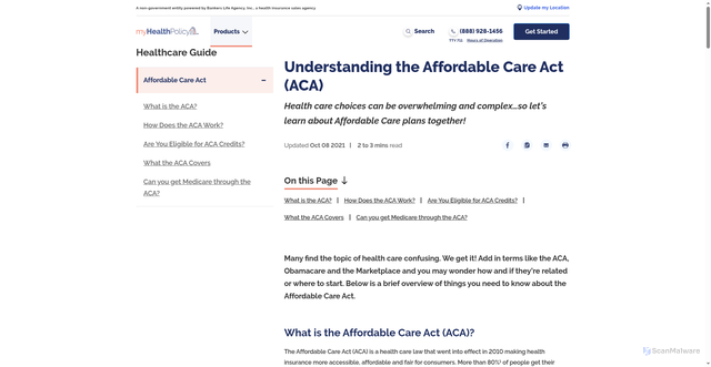 Security scan screenshot of https://www.myhealthpolicy.com/Affordable-Care-Act