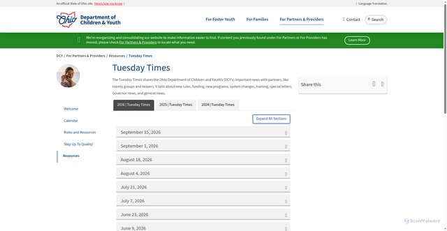 Security scan screenshot of https://childrenandyouth.ohio.gov/for-providers/resources/tuesday-times