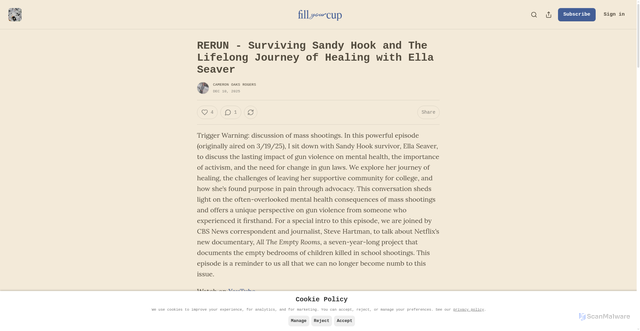 Security scan screenshot of https://cameronoaksrogers.substack.com/p/rerun-surviving-sandy-hook-and-the