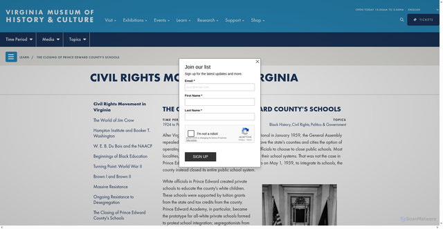 Security scan screenshot of https://virginiahistory.org/learn/civil-rights-movement-virginia/closing-prince-edward-countys-schools