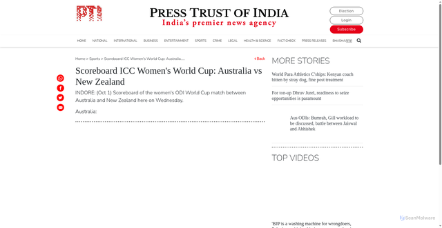 Security scan screenshot of https://www.ptinews.com/story/sports/scoreboard-icc-womens-world-cup-australia-vs-new-zealand/2967779