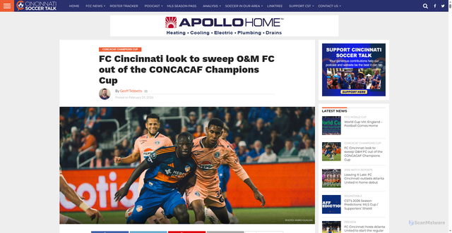 Security scan screenshot of https://cincinnatisoccertalk.com/2026/02/24/fc-cincinnati-look-to-sweep-om-fc-out-of-the-concacaf-champians-cup/
