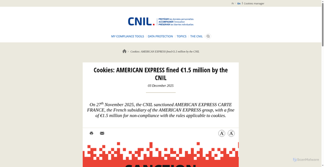 Security scan screenshot of https://www.cnil.fr/en/cookies-american-express-fined-eu15-million-cnil