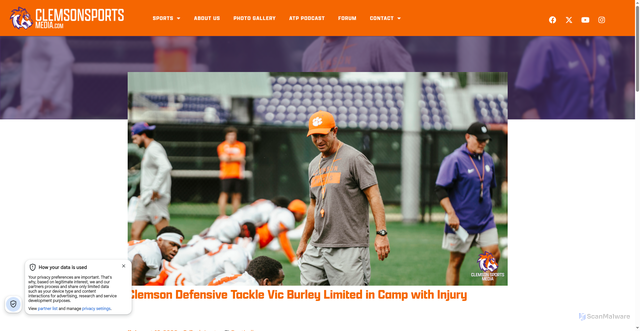 Security scan screenshot of https://clemsonsportsmedia.com/2026/08/12/clemson-defensive-tackle-vic-burley-limited-in-camp-with-injury/
