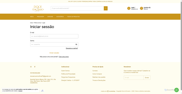 Security scan screenshot of https://doceencantoonline.com.br/account/login/