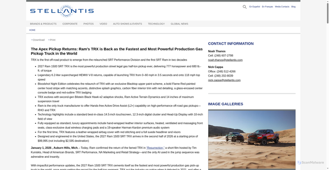 Security scan screenshot of https://media.stellantisnorthamerica.com/newsrelease.do?id=27351&mid=1