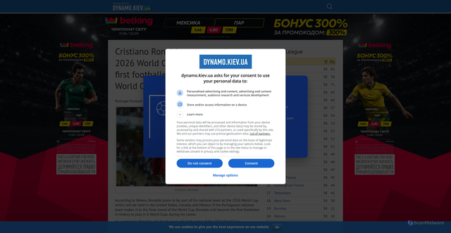 Security scan screenshot of https://dynamo.kiev.ua/en/news/591696-cristiano-ronaldo-wants-to-play-at-the-2026-world-cup-he-will-become-the-first-footballer-in-history-to-play-in-6-world-cups