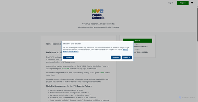 Security scan screenshot of https://nycdoe2-nkqpd.smapply.us/prog/nyc_teaching_fellows_2026/