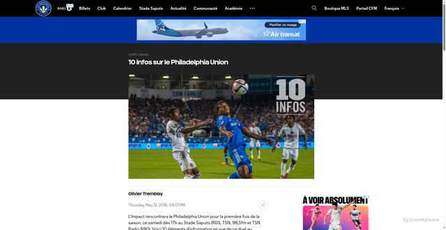 Security scan screenshot of https://www.cfmontreal.com/nouvelles/10-infos-sur-le-philadelphia-union