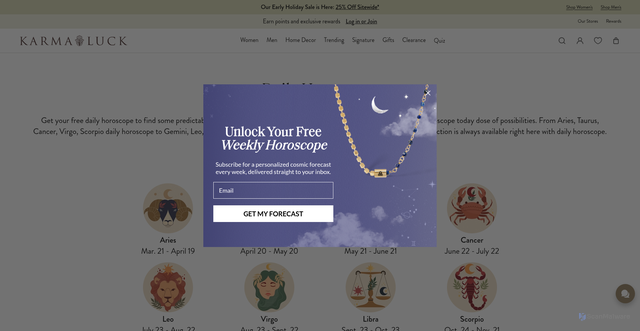 Security scan screenshot of https://www.karmaandluck.com/pages/daily-horoscope?srsltid=AfmBOooMZDbs-1pVQlD0OlZTZcBu3fyDuSVSrjWuGyzOwWqXxSk1vErj