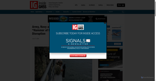 Security scan screenshot of https://insidegnss.com/army-navy-and-space-force-test-maritime-hammer-of-the-gods-to-counter-gps-disruption/