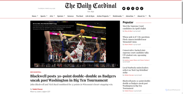 Security scan screenshot of https://www.dailycardinal.com/article/2026/03/blackwell-posts-30-point-double-double-as-badgers-sneak-past-washington-in-big-ten-tournament