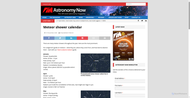 Security scan screenshot of https://astronomynow.com/2025/11/14/meteor-shower-calendar/