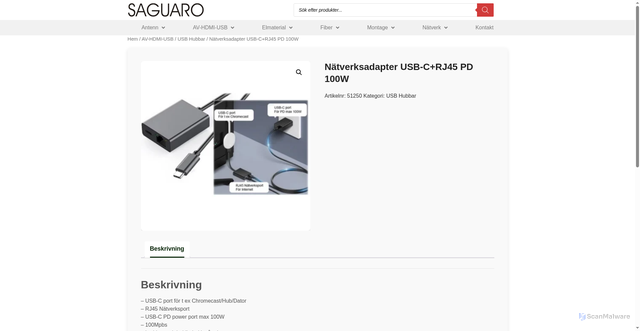 Security scan screenshot of https://saguaroab.se/produkt/natverksadapter-usb-crj45-pd-100w/