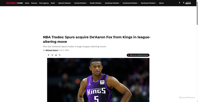 Security scan screenshot of https://sircharlesincharge.com/nba-trades-spurs-acquire-deaaron-fox-kings-league-altering-move