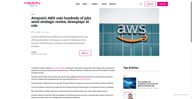 Security scan screenshot of https://capacityglobal.com/news/amazons-aws-cuts-hundreds-of-jobs-amid-strategic-review-downplays-ai-role/