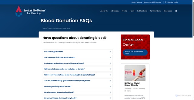 Security scan screenshot of https://americasblood.org/for-donors/blood-donation-faqs/
