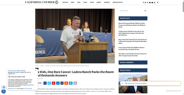Security scan screenshot of https://californiacourier.news/2026/07/six-kids-one-rare-cancer-ladera-ranch-packs-the-room-and-demands-answers/