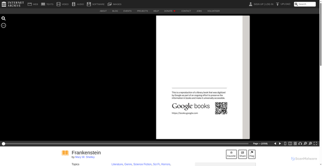Security scan screenshot of https://archive.org/details/shelley-1888-frankenstein