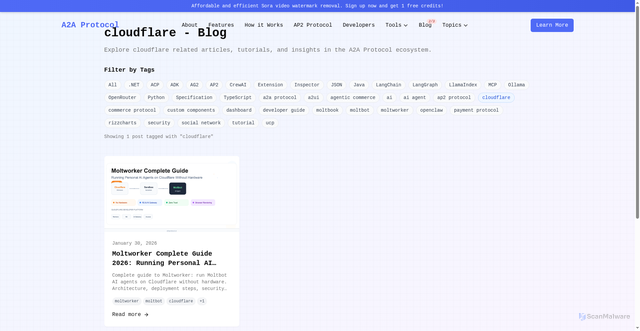 Security scan screenshot of https://a2a-protocol-site.pages.dev/blog/tag/cloudflare