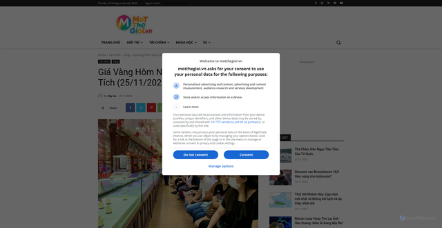 Security scan screenshot of https://motthegioi.vn/gia-vang-hom-nay-cap-nhat-phan-tich-25-11-2025/