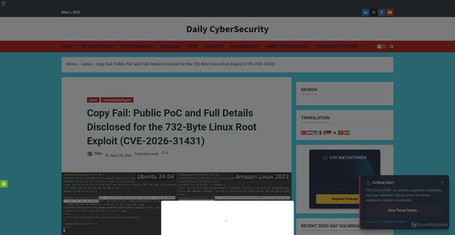 Security scan screenshot of https://securityonline.info/linux-kernel-copy-fail-root-exploit-poc-public-disclosure/