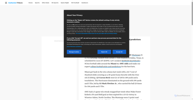 Security scan screenshot of https://www.coshoctontribune.com/story/sports/ncaaf/2025/11/01/miami-at-smu-odds-picks-and-predictions/87014517007/