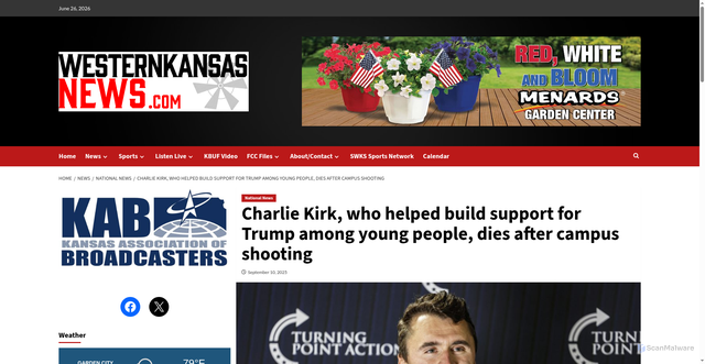 Security scan screenshot of https://www.westernkansasnews.com/conservative-activist-charlie-kirk-has-been-shot-at-an-event-in-utah/
