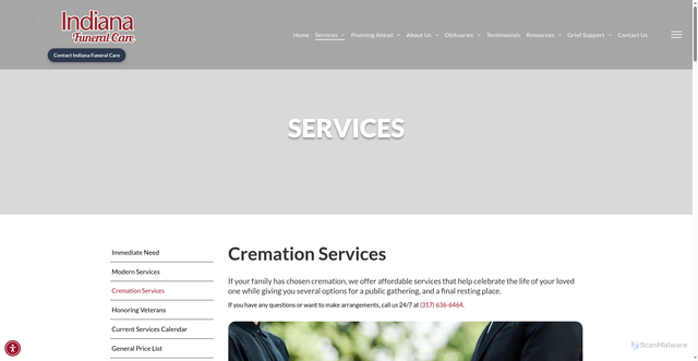Security scan screenshot of https://www.indianafuneralcare.com/services/cremation-services