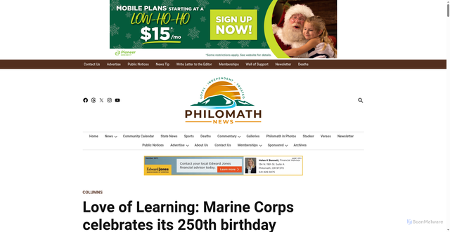 Security scan screenshot of https://philomathnews.com/love-of-learning-marine-corps-celebrates-its-250th-birthday/